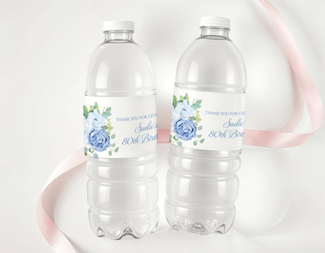 80th birthday water bottle labels, blue floral on clear plastic bottles