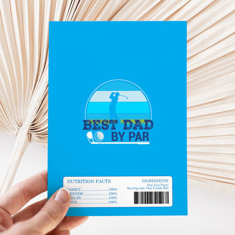 Blue “Best Dad By Par” chocolate wrapper with nutrition facts and barcode