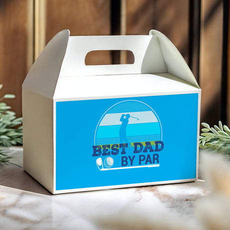 Blue and white gable favor box with carry handle and “Best Dad By Par” graphic