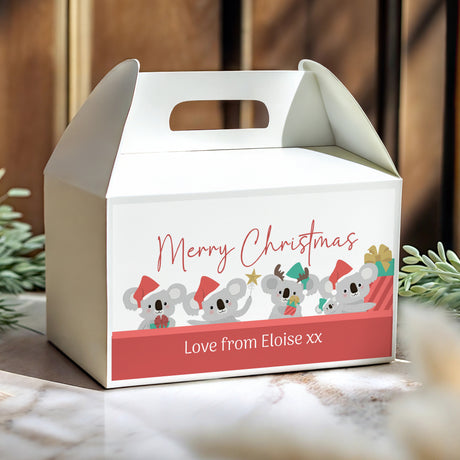 White koala-themed gable favour box with handle cutout, 'Merry Christmas' and 'Love from' text