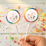 Personalised lollipops on sticks with round Sophia turns two labels, blue-green border
