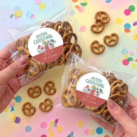 Personalized pretzel bag with heart-shaped pretzels, clear plastic packaging, gift label