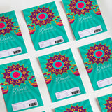 Diwali chocolate wrapper set, teal mandala design with pink center and gold text