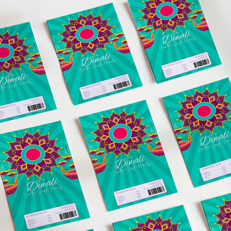 Diwali chocolate wrapper set, teal mandala design with pink center and gold text