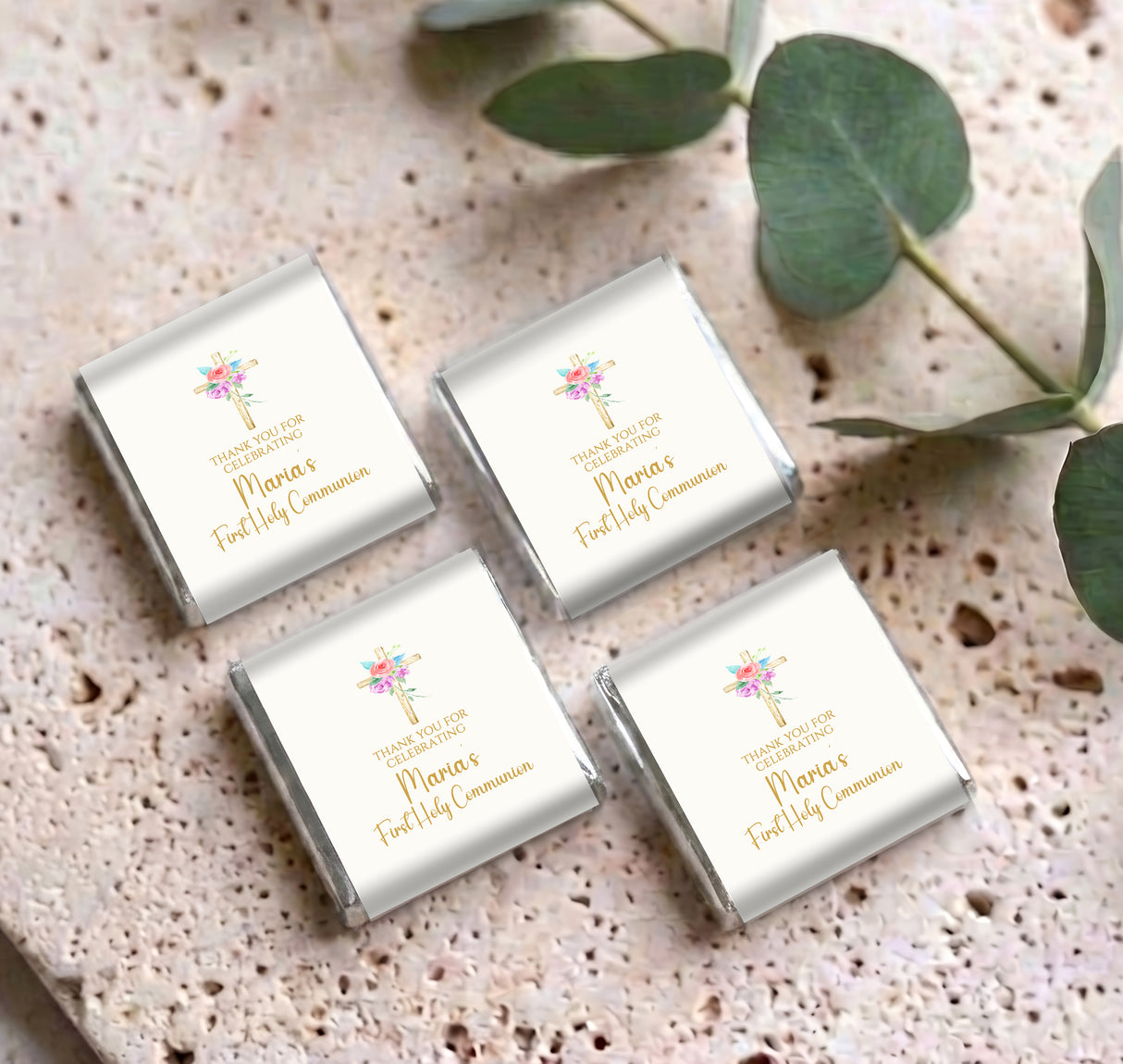 Set of four personalised mini chocolate boxes with floral cross and First Holy Communion text