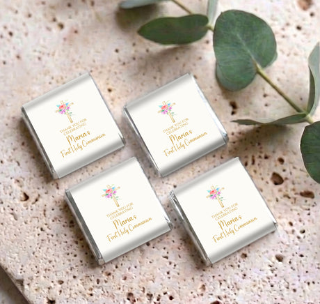 Set of four personalised mini chocolate boxes with floral cross and First Holy Communion text