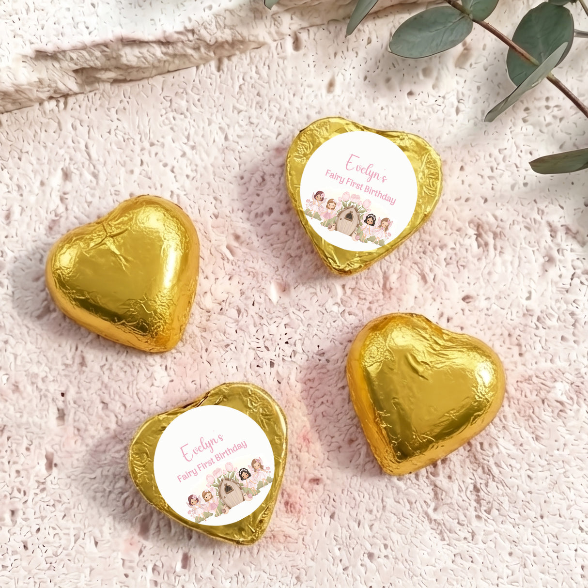Personalised foil heart chocolate truffles, gold with “Evelyn’s” birthday label