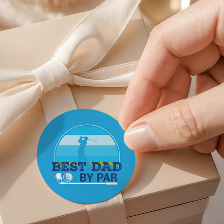 Round blue printed label sticker attached to cream fabric ribbon bundle