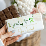 Wedding chocolate bar with cream floral thank-you wrapper and gold script names