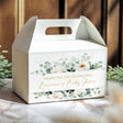 White gable favour box with eucalyptus leaves, peony flowers, and 'Brianna's Baby Shower' text