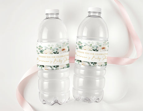 Personalised water bottle labels with white peony eucalyptus floral design and thank you text