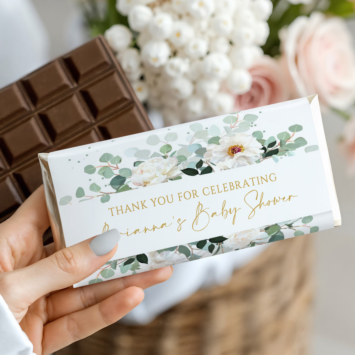 Personalised baby shower chocolate bar wrapper with green eucalyptus leaves and thank-you text