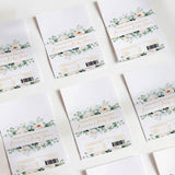 Baby shower chocolate wrappers with white base, green and floral greenery design, barcodes