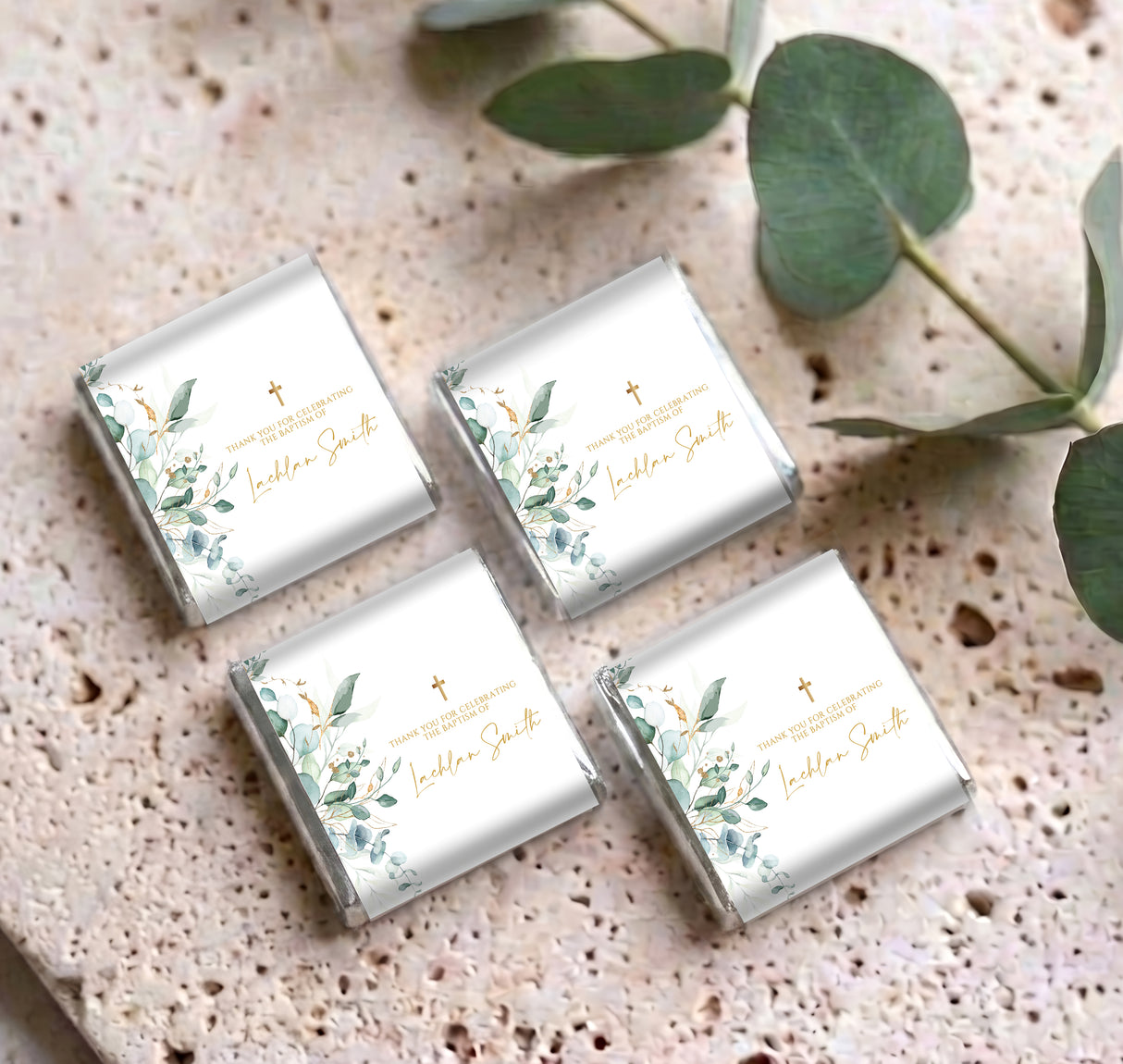 Mini chocolate boxes, four-pack of white boxes with green leaves and gold cross