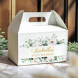 White gable favor box with floral leaves, handle cutout, and gold 'Isabella's First Birthday'