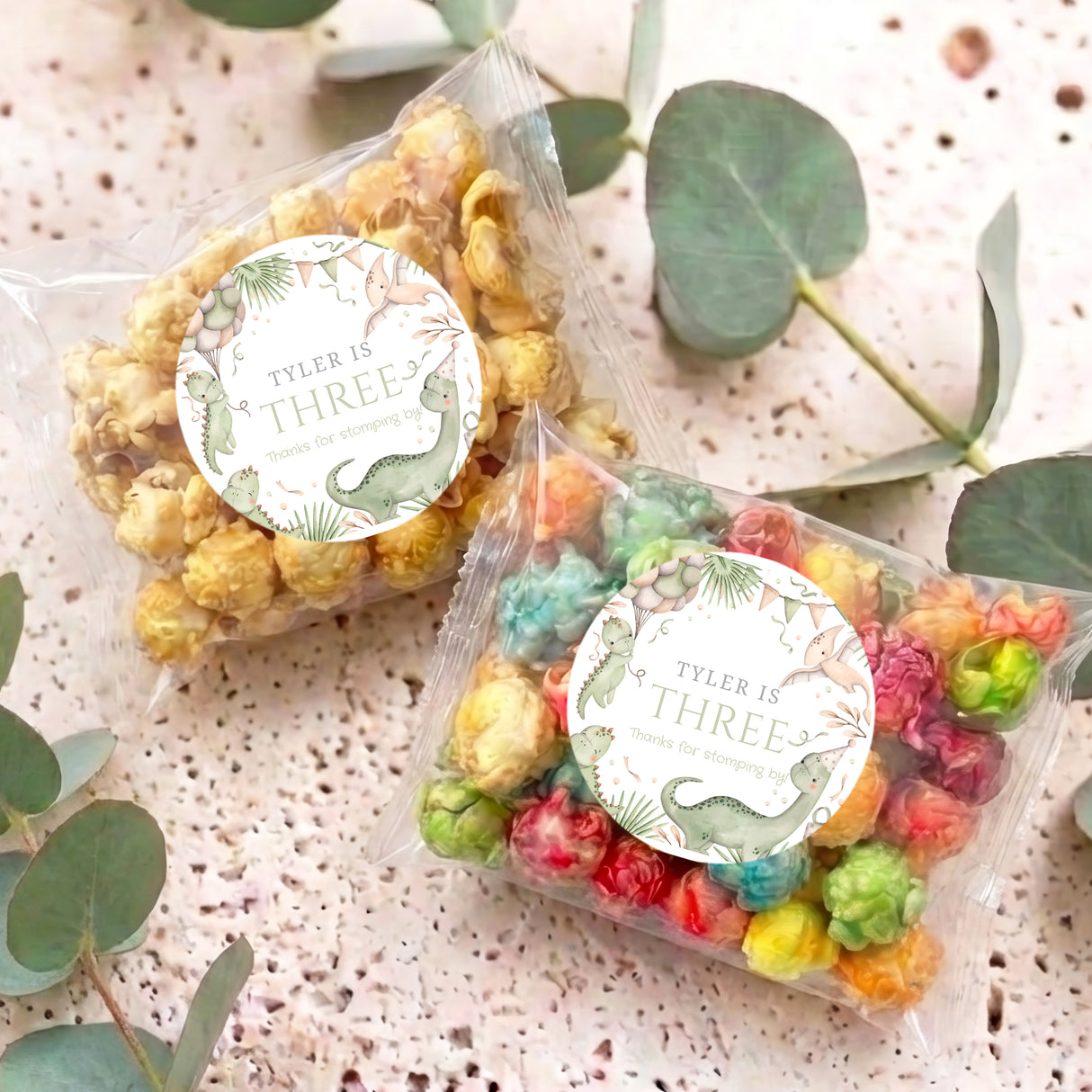 Two personalised dinosaur popcorn bags with round “Tyler is Three” labels and colorful popcorn