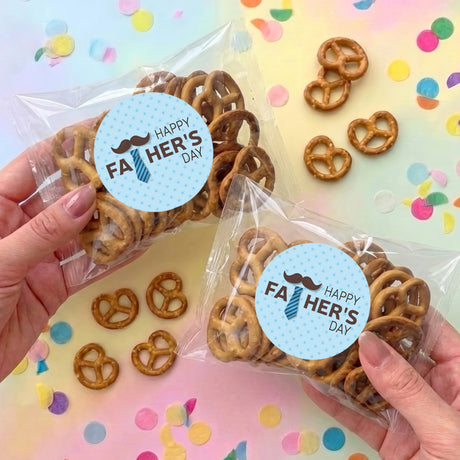 Personalized pretzel snack bag with round 'Happy Fa Her's Day' seal and moustache
