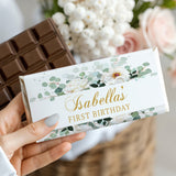 First birthday chocolate bar with greenery floral wrapper, 'Isabella's' and 'FIRST BIRTHDAY'