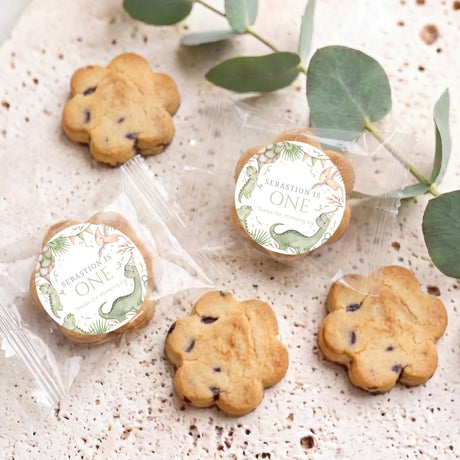 Dinosaur “One” personalised cookies with clear wrappers and plain chocolate chip cookies