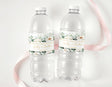 Water bottle labels on clear bottles, white peony and green eucalyptus floral design