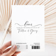 Printed chocolate wrapper with 'Love' script, wedding names, and nutrition facts panel
