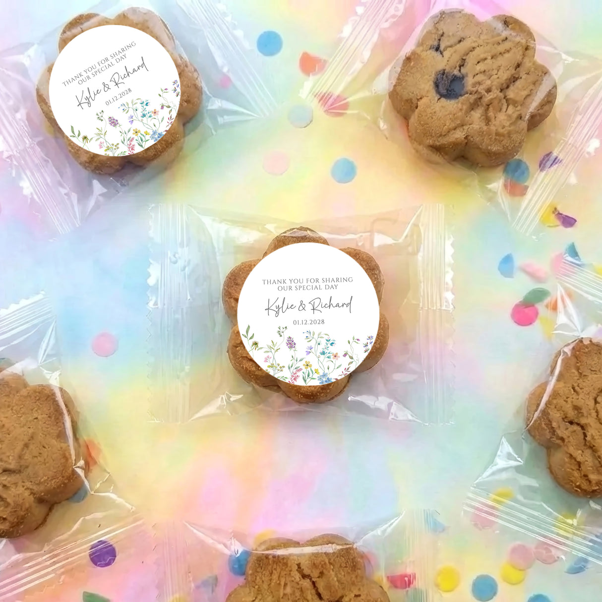 Personalised chocolate chip cookies on clear wrap with round thank-you labels