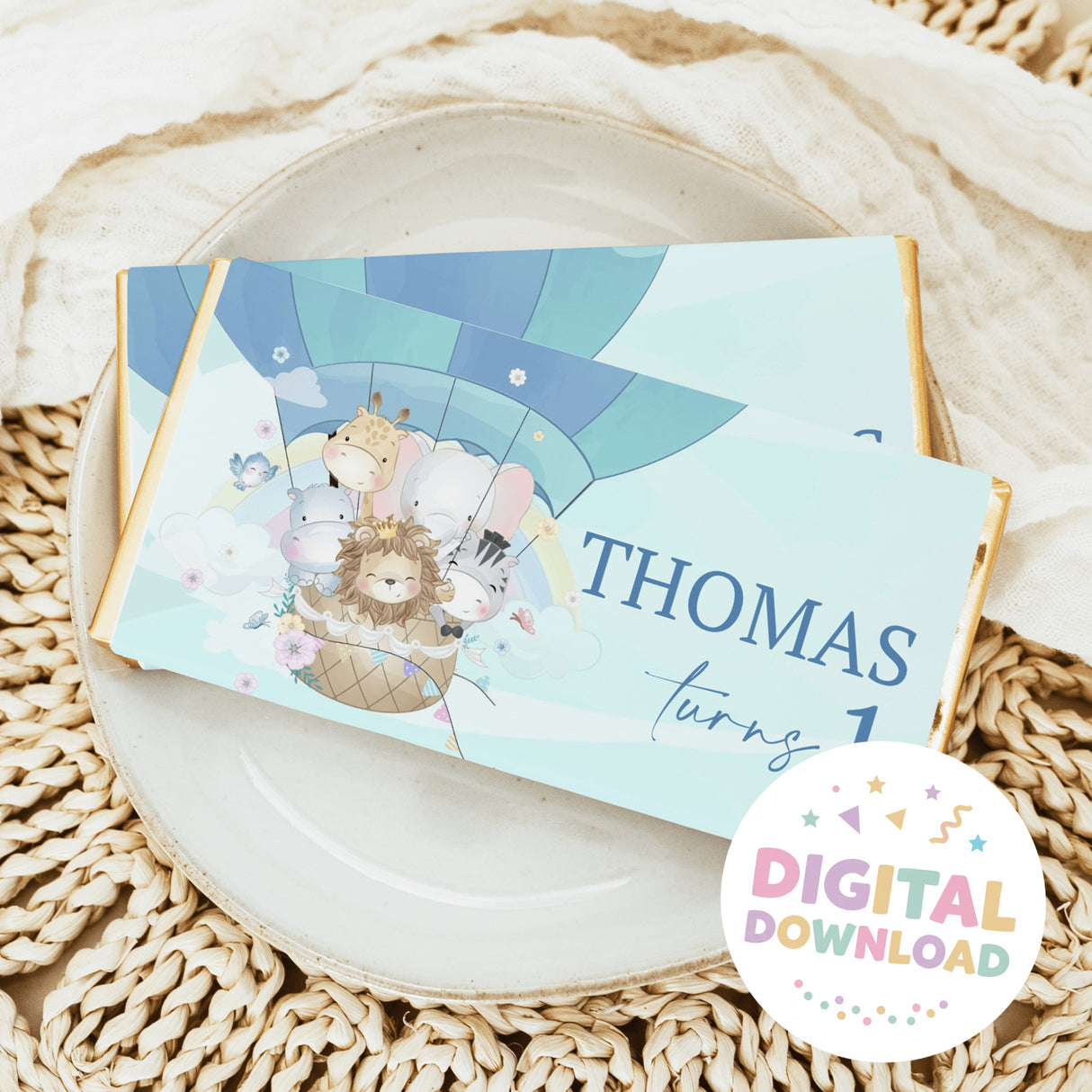 Personalized chocolate bar wrapper with Thomas text and animals in a blue hot air balloon