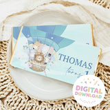 Personalized chocolate bar wrapper with Thomas text and animals in a blue hot air balloon