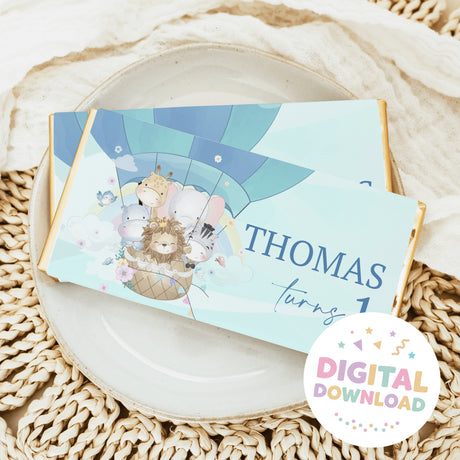 Personalized chocolate bar wrapper with Thomas text and animals in a blue hot air balloon