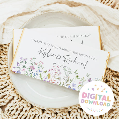 Personalized chocolate bar with white wrapper, floral border, Kylie & Richard