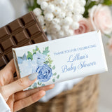 Personalised baby shower chocolate bar with blue floral wrap and thank-you message