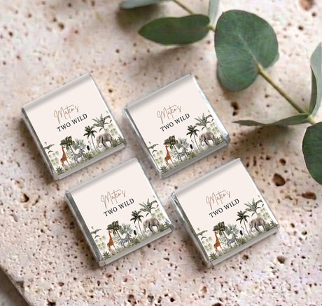 Set of mini chocolate gift boxes with jungle safari animal print and name text
