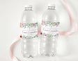Confirmation personalised water bottle labels on two clear bottles, floral wreath wrap
