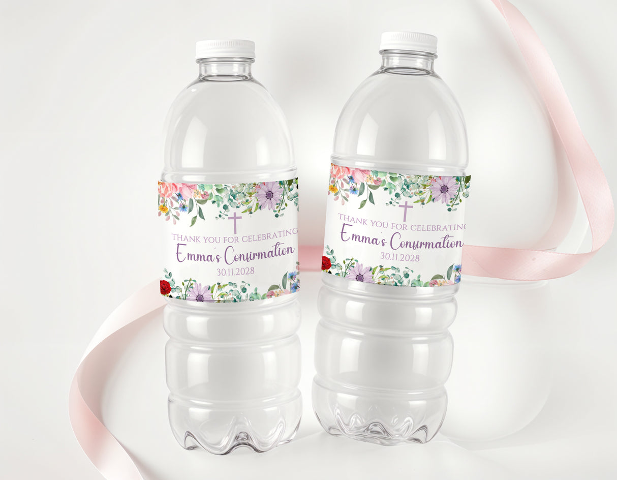 Confirmation personalised water bottle labels on two clear bottles, floral wreath wrap