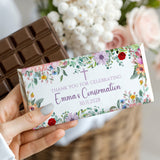 Floral thank-you confirmation chocolate bar wrapper with printed name Emma and date 30.11.2028