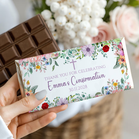 Floral thank-you confirmation chocolate bar wrapper with printed name Emma and date 30.11.2028