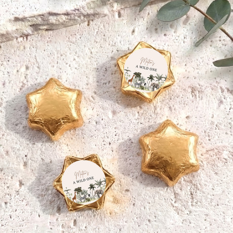 Jungle safari “A Wild One” foil-covered chocolate star set in gold
