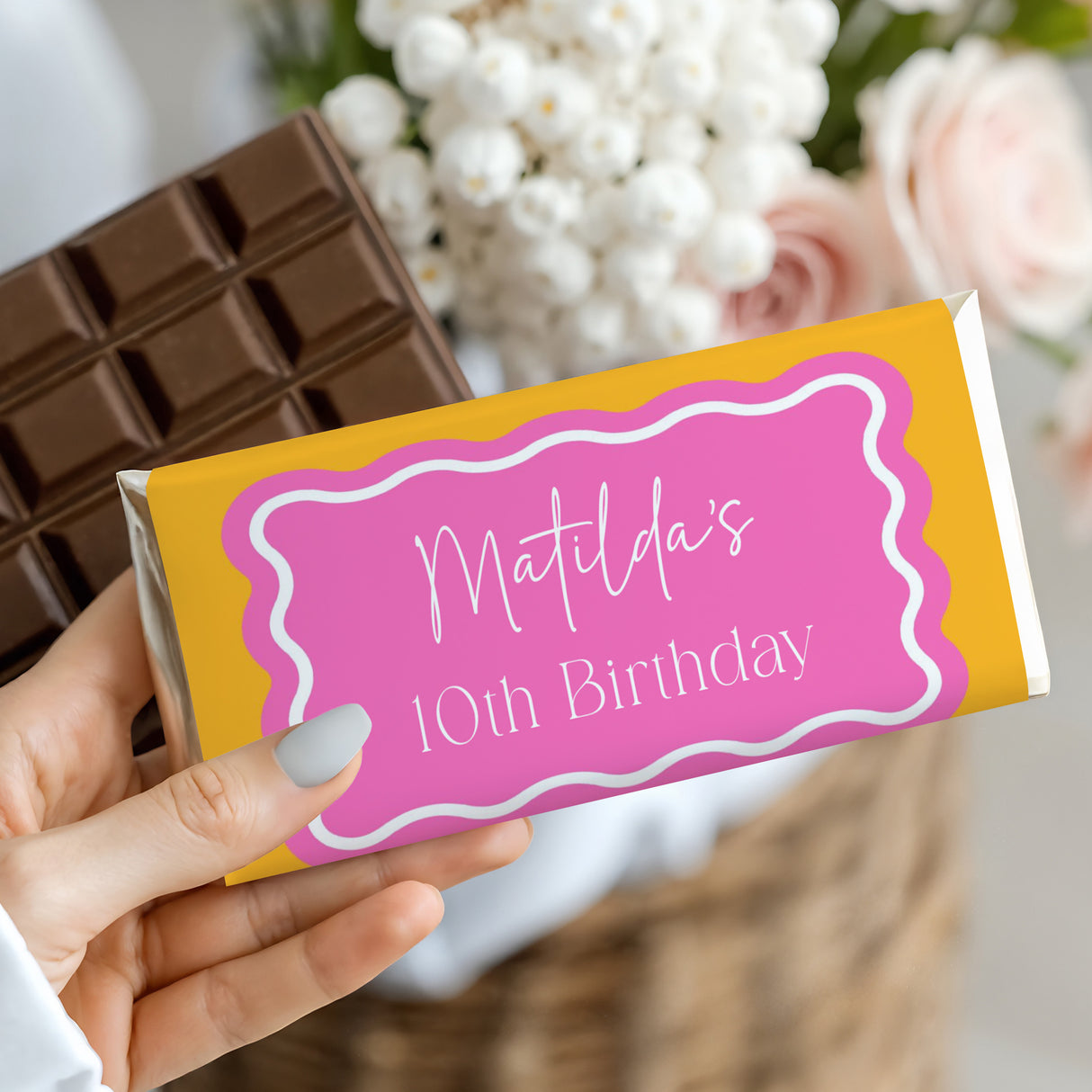 Chocolate bar with Mother's 10th Birthday label in pink and yellow