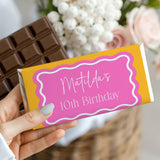 Chocolate bar with Mother's 10th Birthday label in pink and yellow