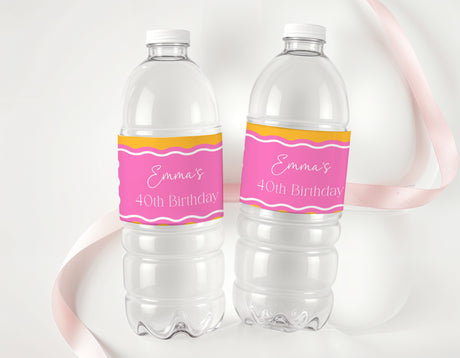 Personalised 40th birthday water bottle labels, pink wavy design with name Emma