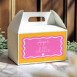 Yellow gable favour box with pink label, Baby Shower text and handle cutout