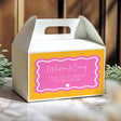 Yellow and pink personalised gable wedding favour box with white fold-top and handle cutout