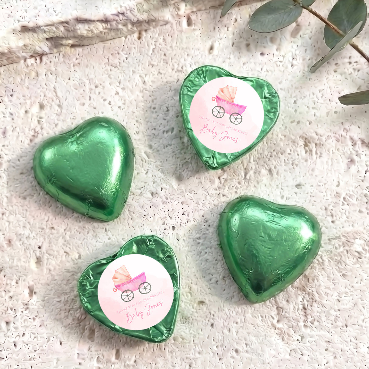 Pink Baby Carriage Baby Shower Personalised Foil Covered Chocolate Hearts