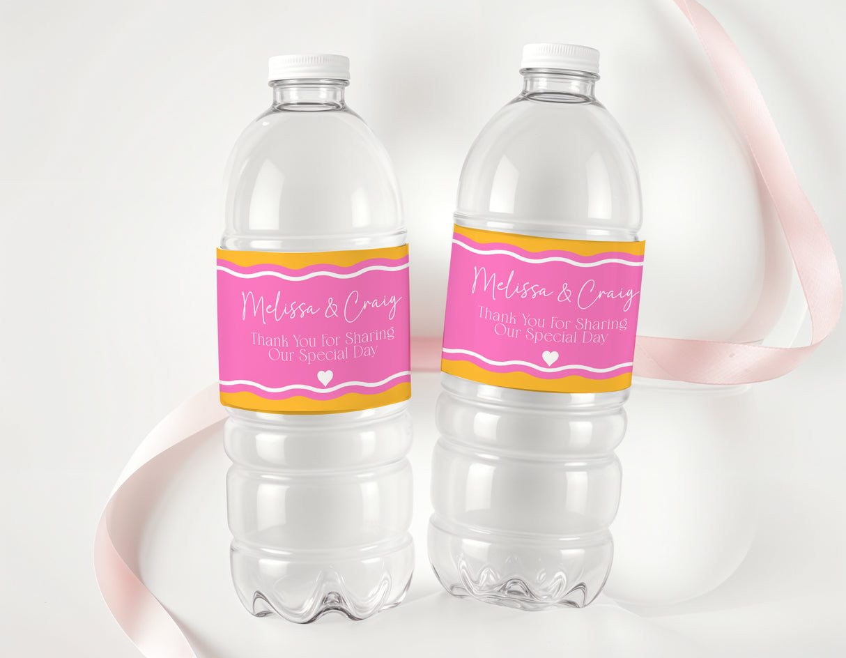 Personalised water bottle labels with pink and orange wavy border, name Melissa & Craig