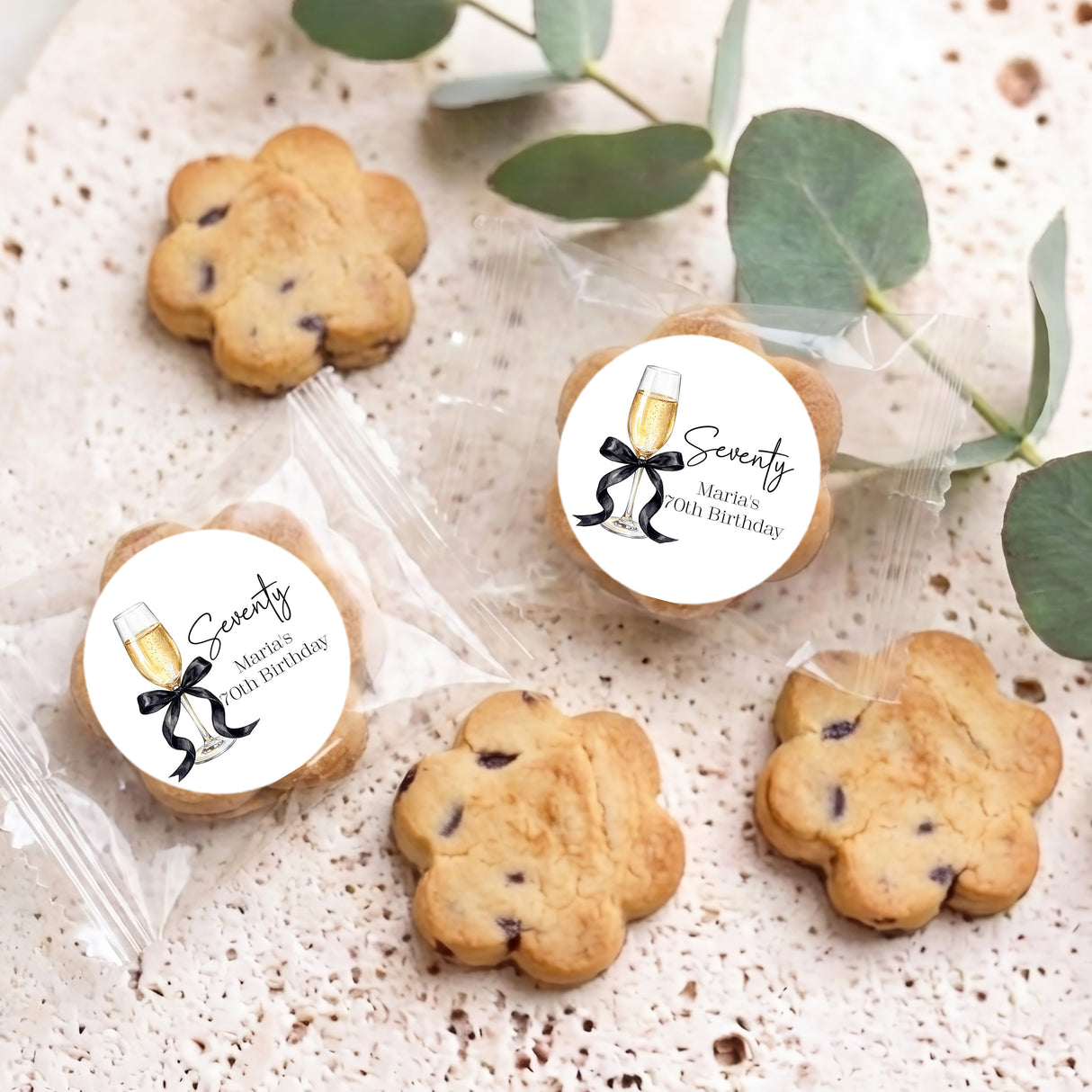 Champagne 70th Birthday Personalised Bite Size Choc Chip Cookies