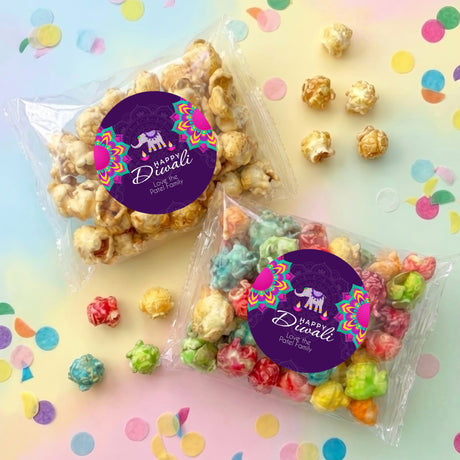 Personalised popcorn bag with purple elephant label, transparent snack pouch