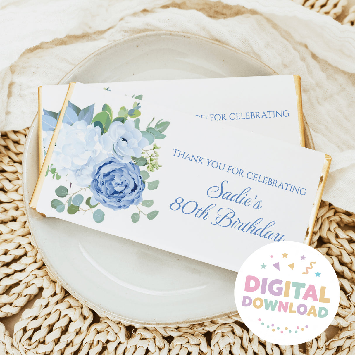 Birthday chocolate bar with blue floral design and Thank You for Celebrating text