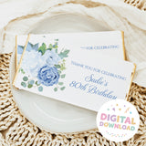 Birthday chocolate bar with blue floral design and Thank You for Celebrating text