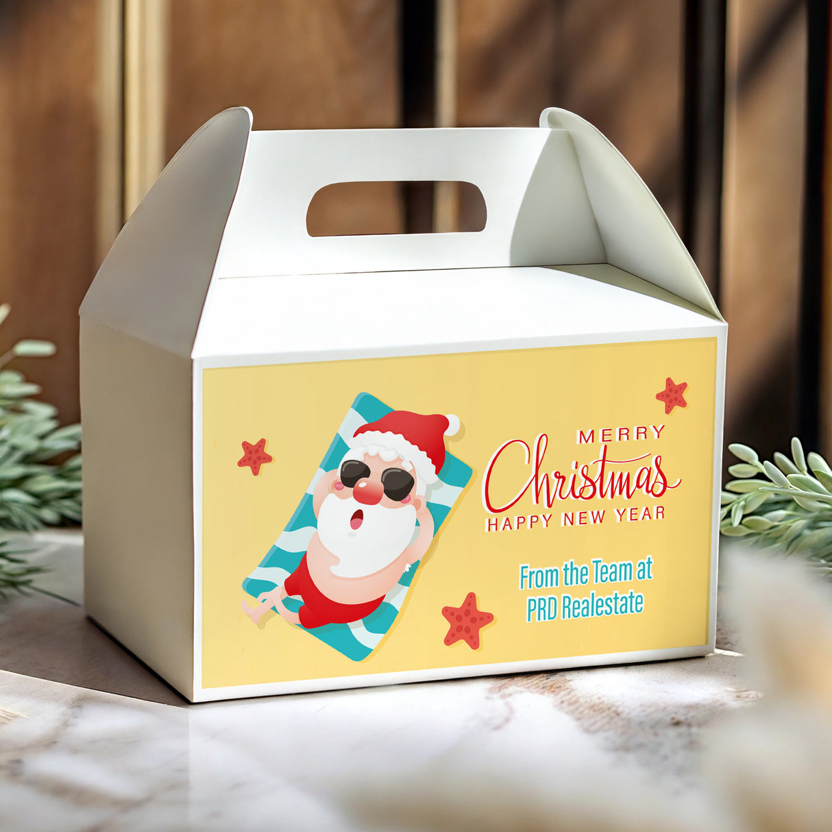 Sunbaking Santa Personalised Gable Favour Box