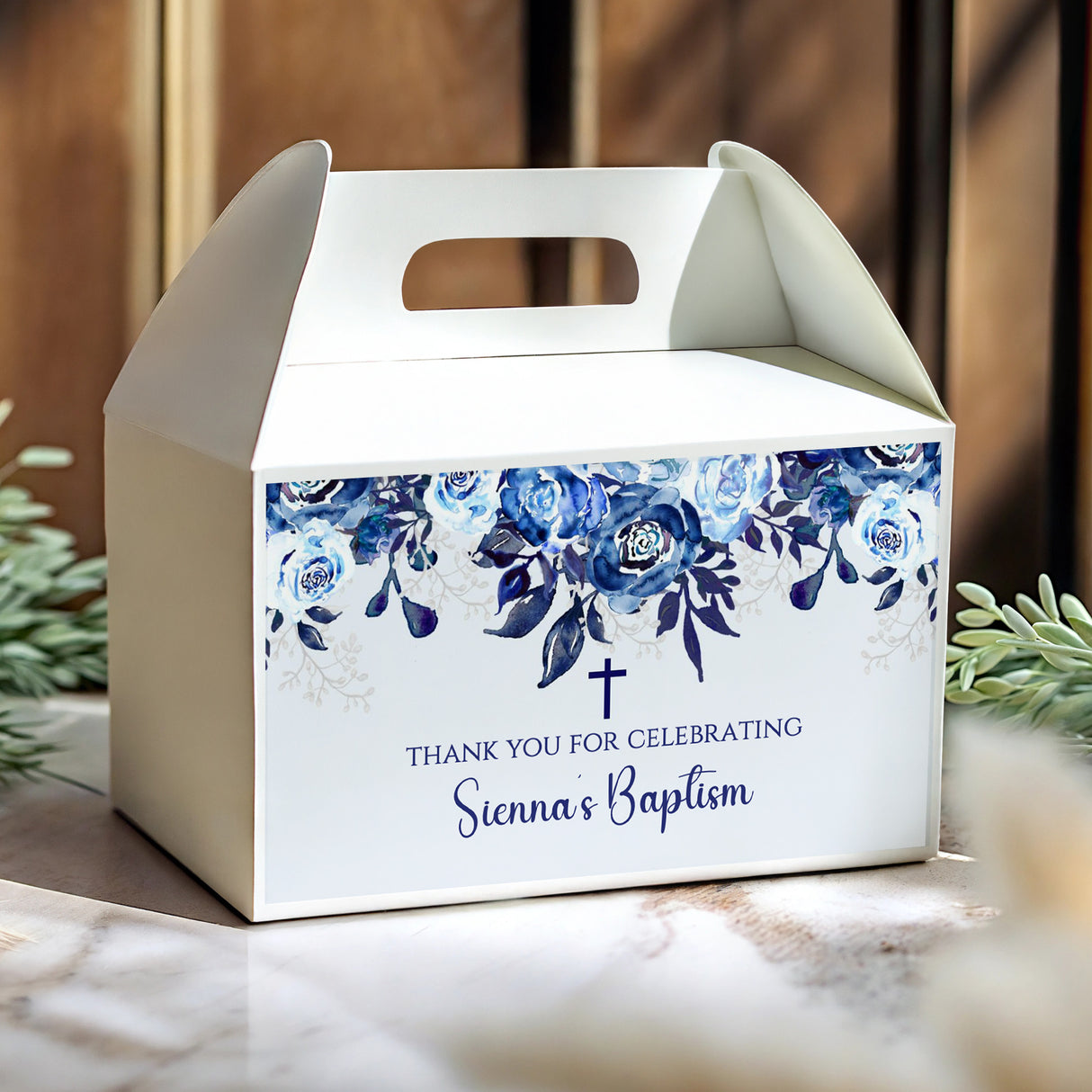 Personalised gable favour box with blue floral print, cross, and baptism wording